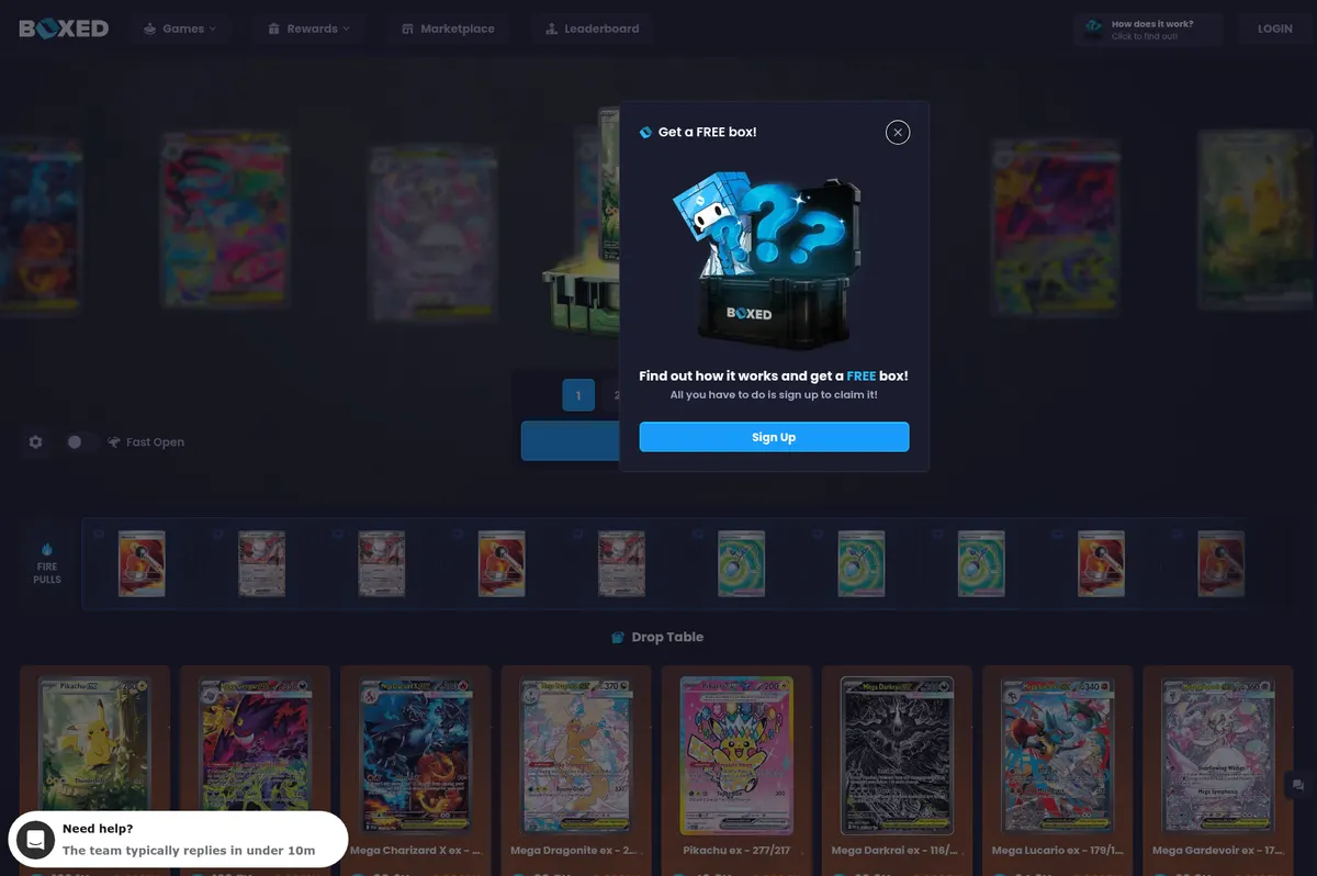 The drop table of a Boxed.gg box showing each card's Gem value and chance
