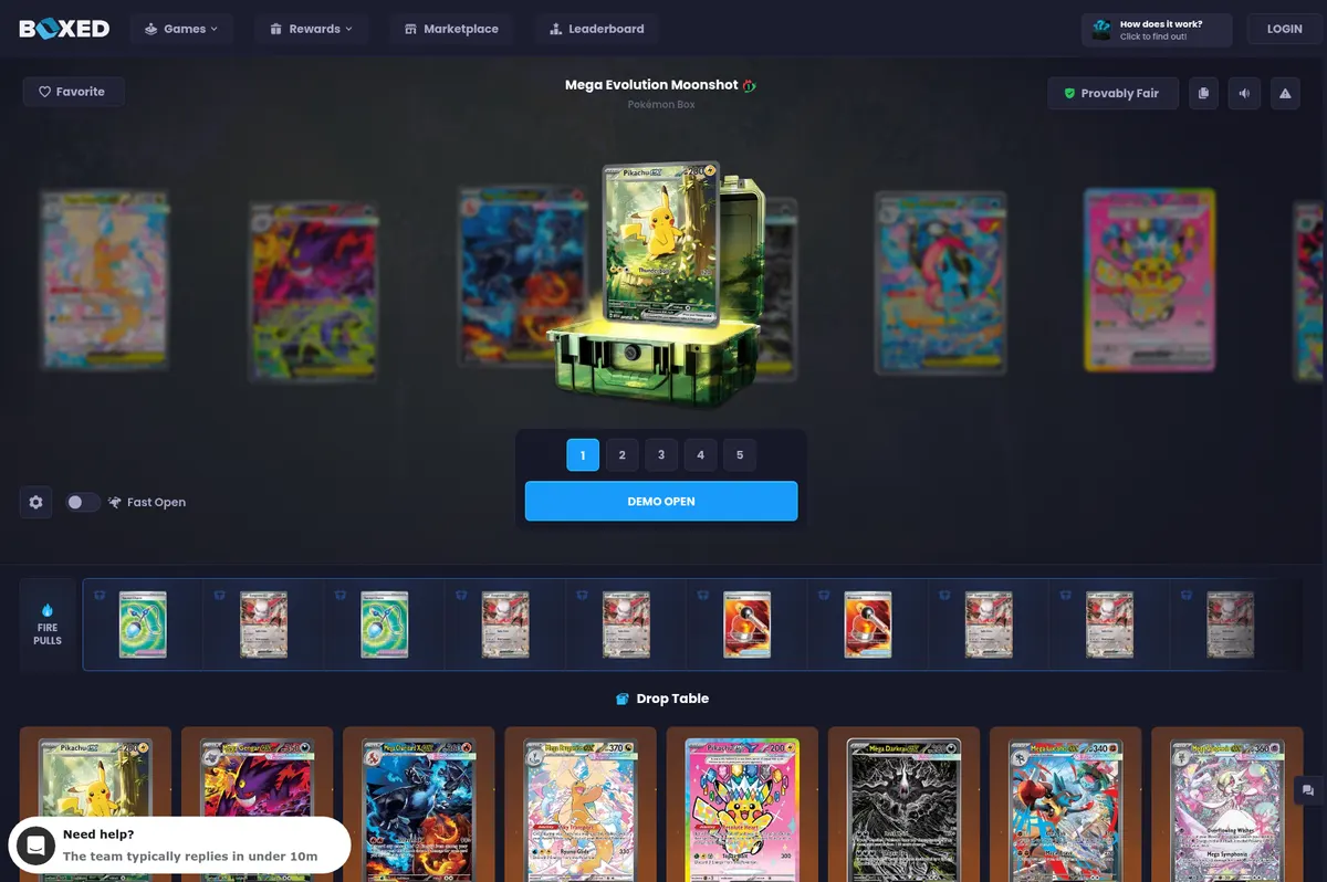 The Mega Evolution Moonshot box page on Boxed.gg with its drop table