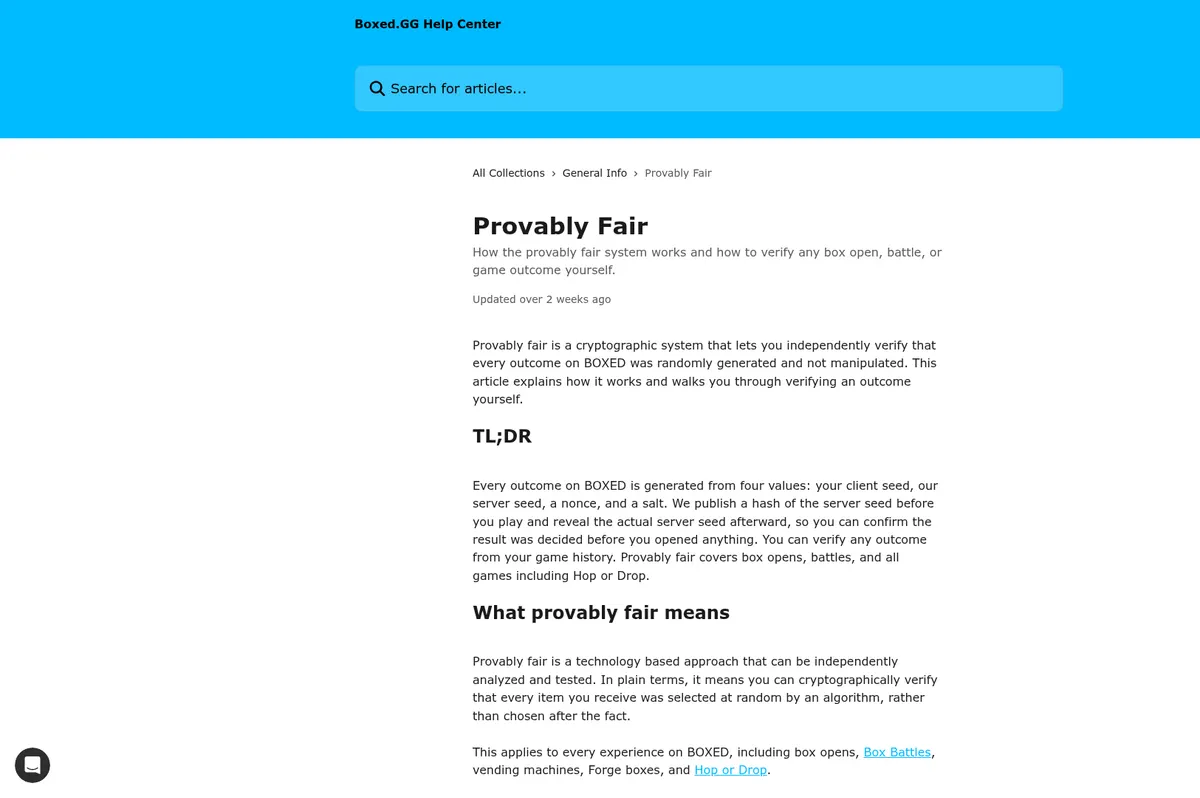 The Boxed.gg provably fair page