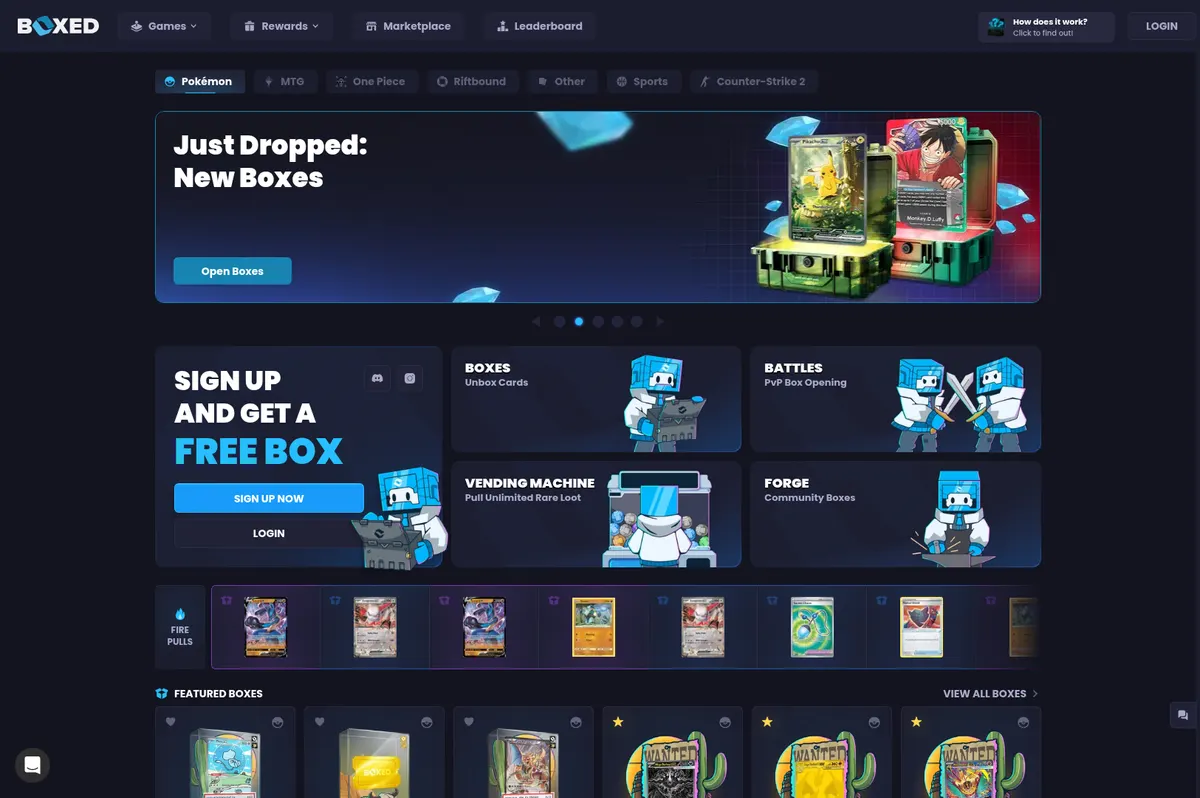 The Boxed.gg homepage with its Fire Pulls strip and boxes