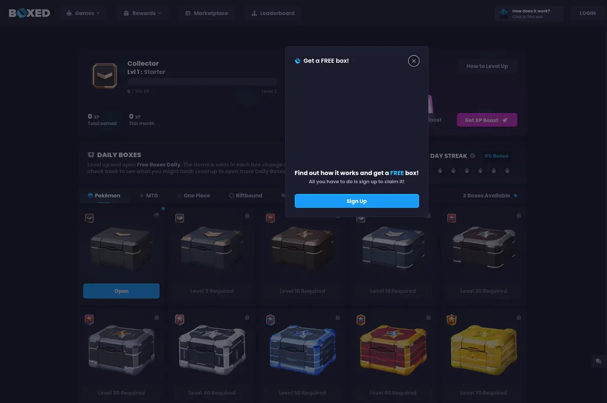 The Boxed.gg rewards page with the free daily boxes