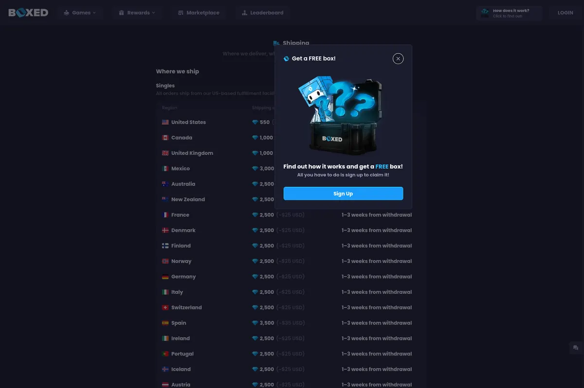 The Boxed.gg shipping page with prices by country