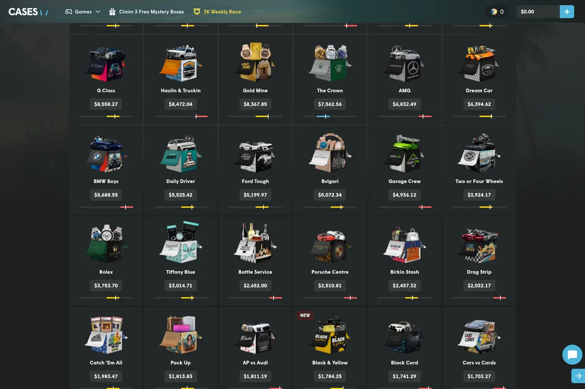 The Cases.gg mystery box list with its categories