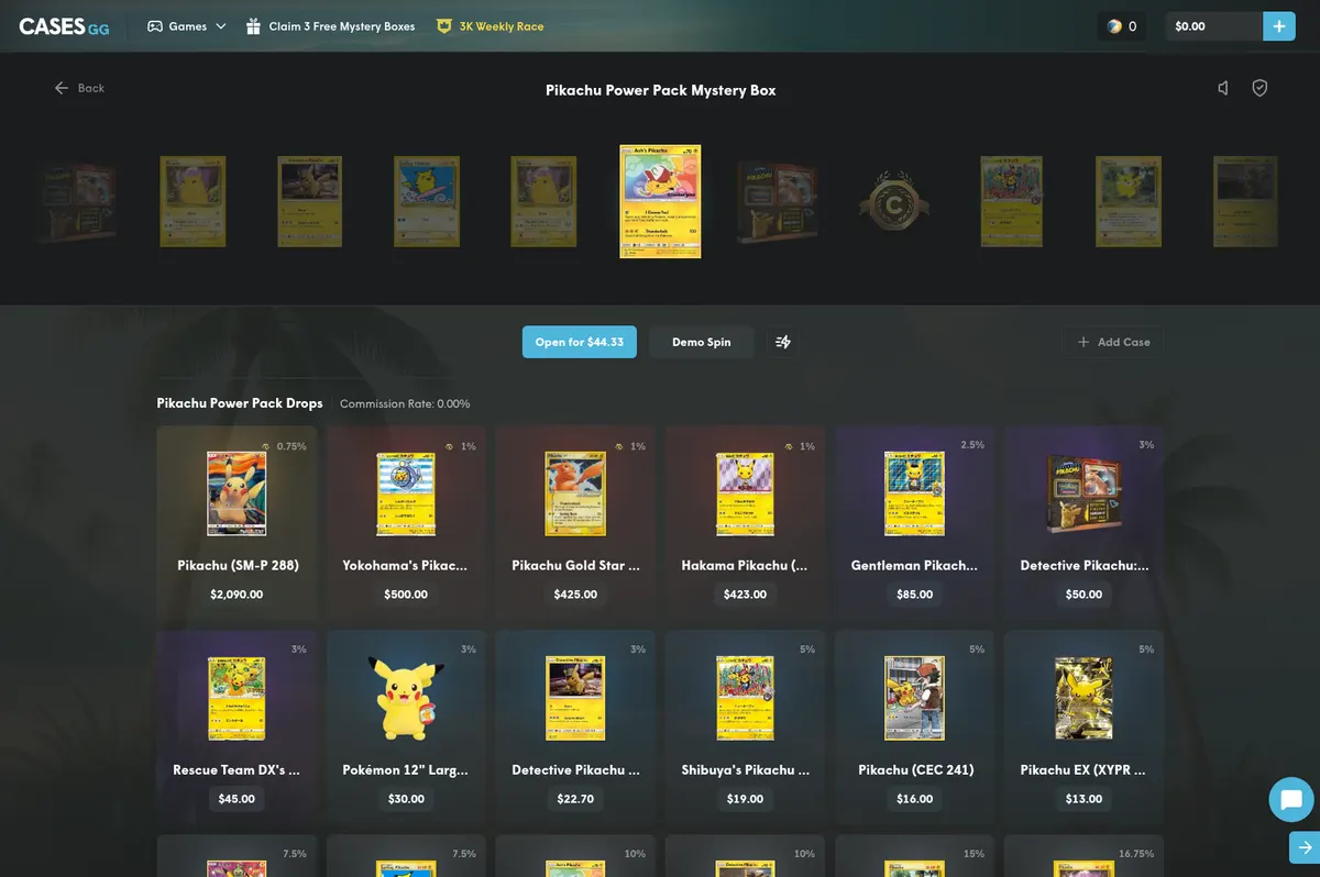 The Pikachu Power Pack box page on Cases.gg showing each prize with its price and chance
