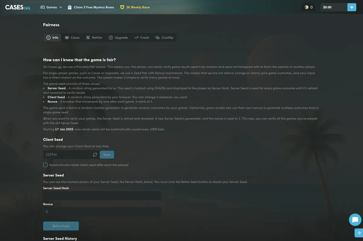 The Cases.gg fairness page explaining how spins are decided