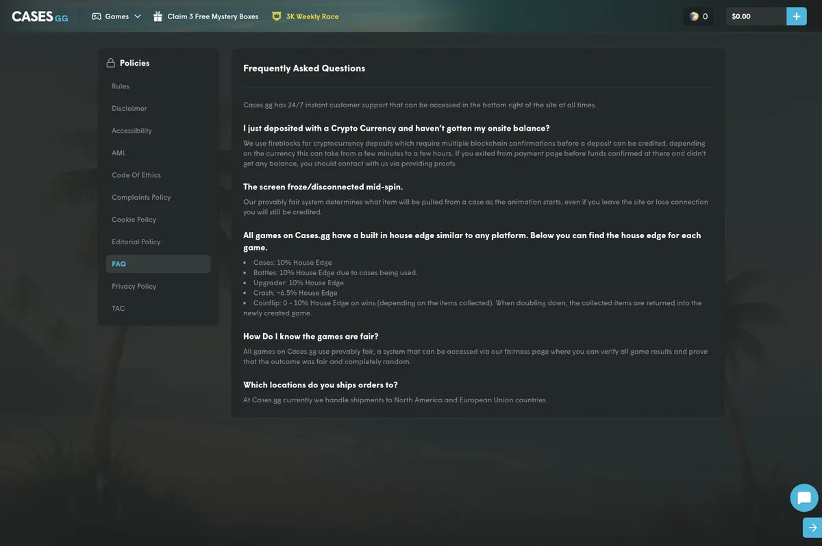 The Cases.gg FAQ page where the site prints its house edge for each game