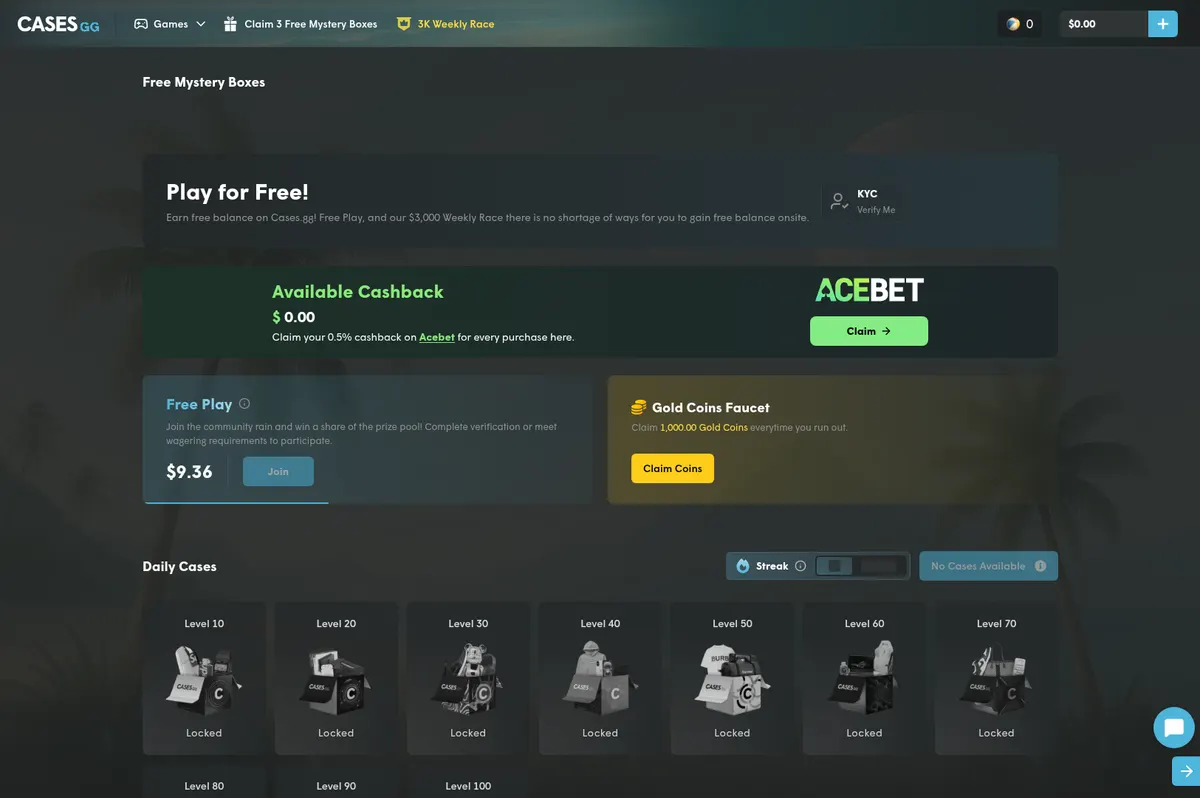 The Cases.gg free mystery boxes page with Free Play and the daily cases