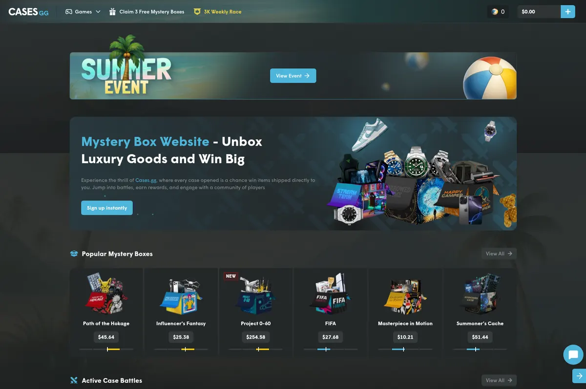 The Cases.gg homepage with its popular mystery boxes