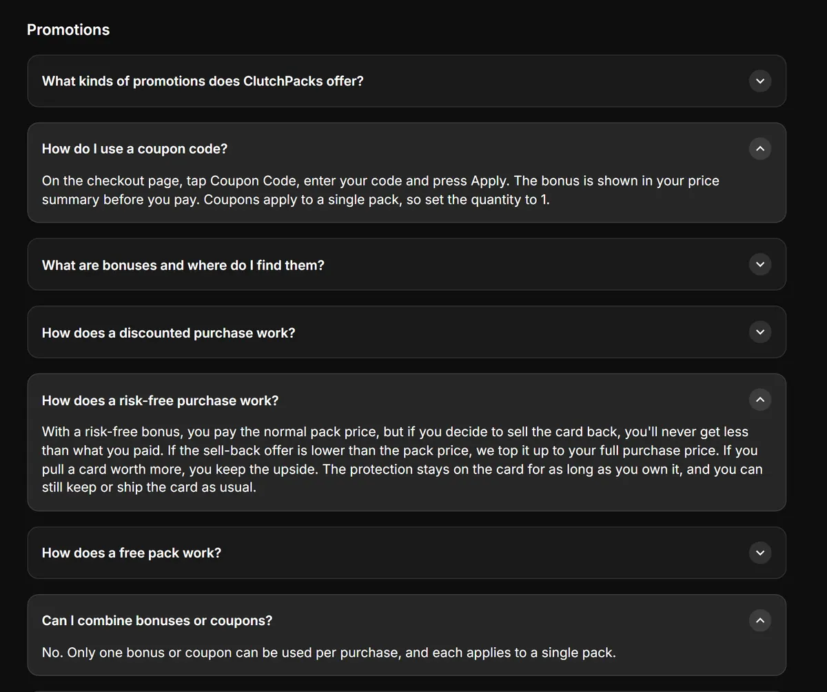 Clutch's help centre answers on using a coupon code, risk-free purchases and combining bonuses