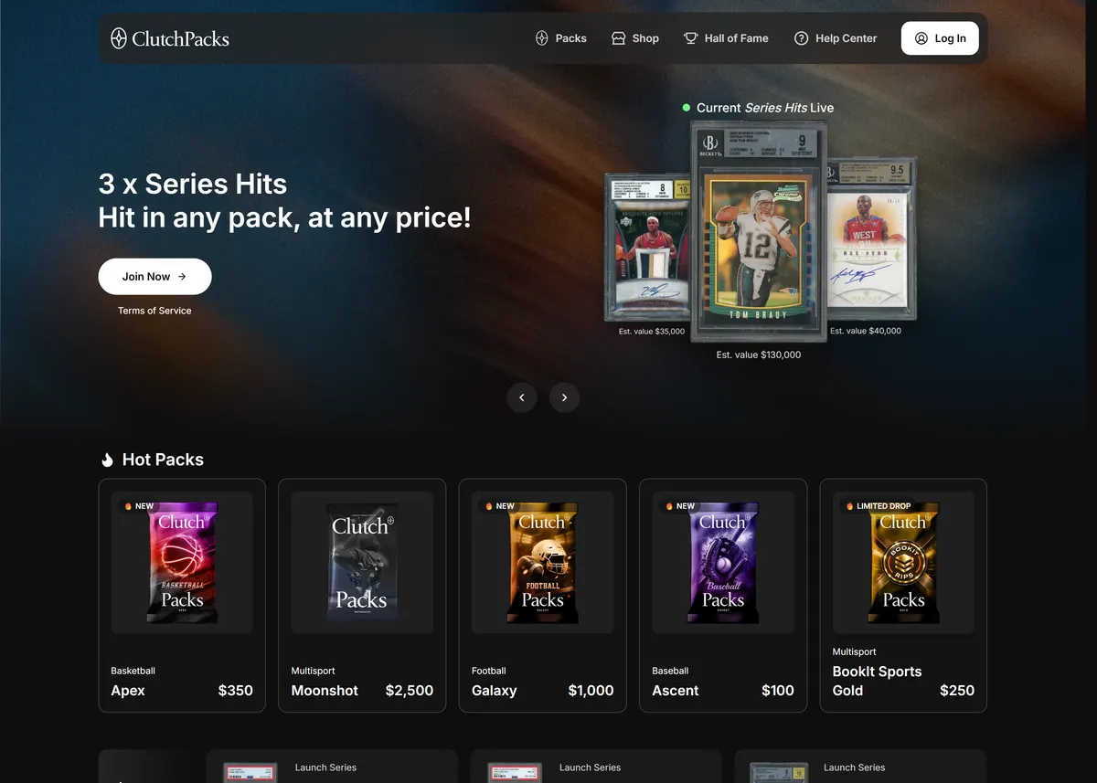 The Clutch Packs homepage at clutchpacks.io, with its three Series Hits and the Hot Packs row