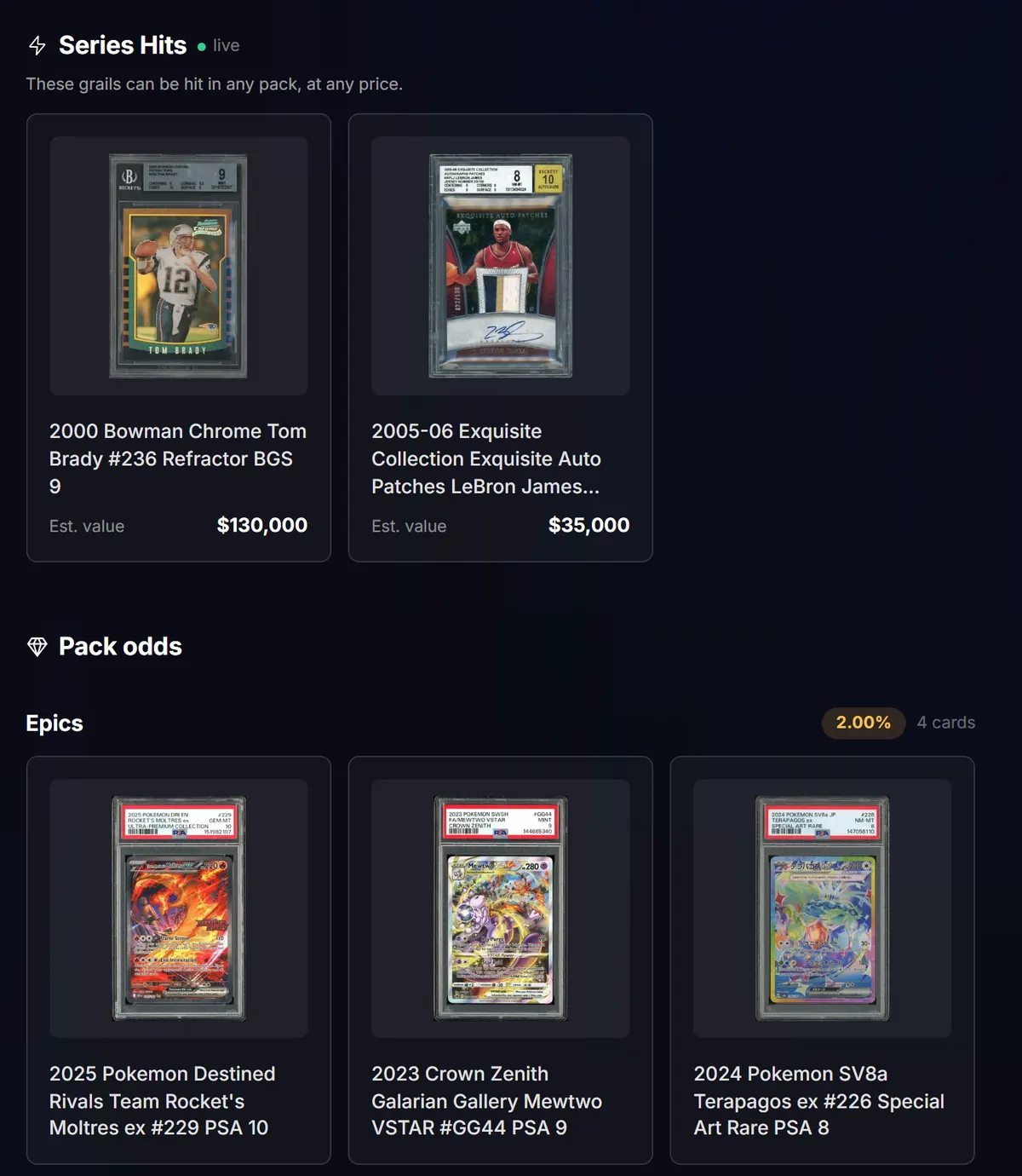 A Clutch Packs pack page: the Series Hits, a $130,000 Tom Brady and a $35,000 LeBron James, and the Epics tier at 2.00% with 4 cards
