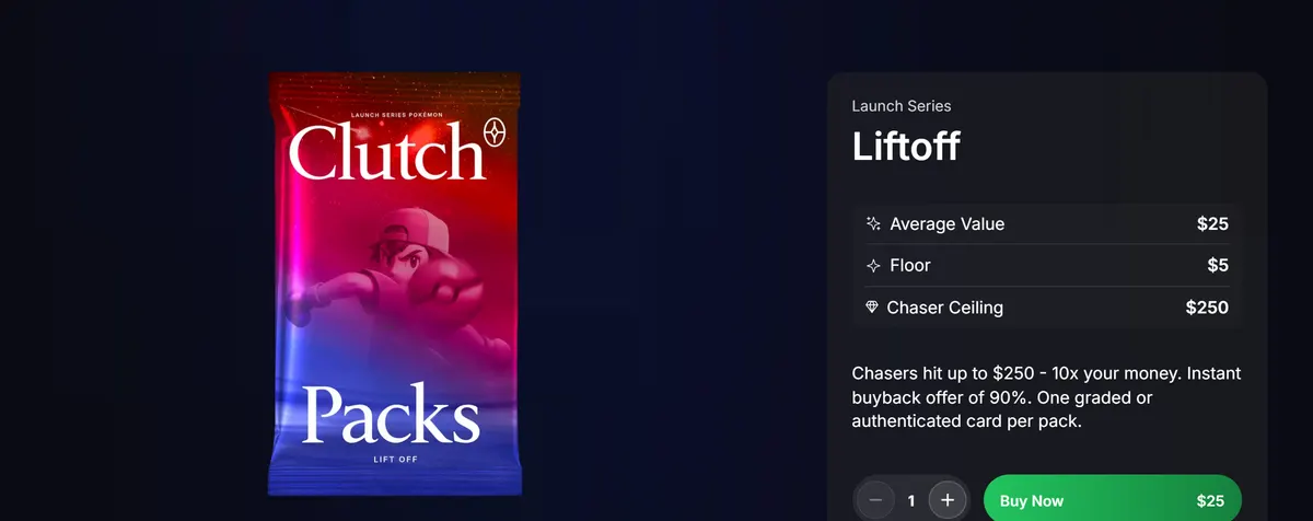 A Clutch Packs pack page: the $25 Pokémon Liftoff with its average value, floor, chaser ceiling and 90% buyback offer.