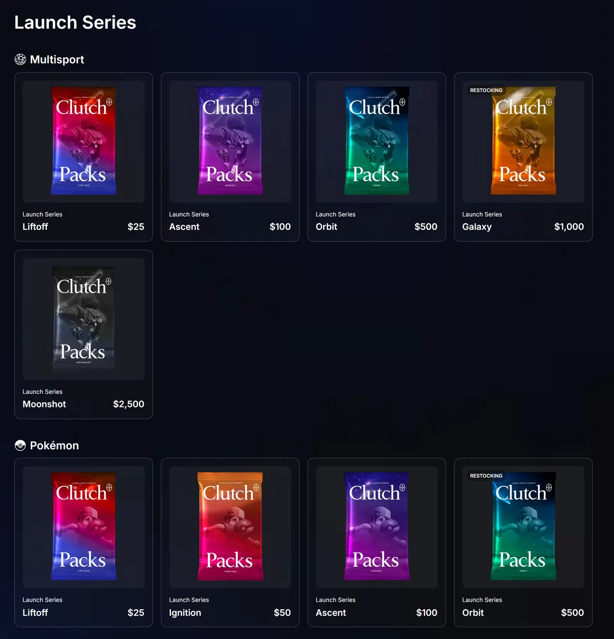 The Clutch Packs pack shelf: Launch Series multi-sport packs from $25 to $2,500 and Pokémon packs from $25 to $500