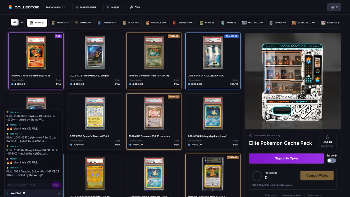 A screenshot of the Collector Crypt homepage, showing its pack-opening interface and real graded cards.