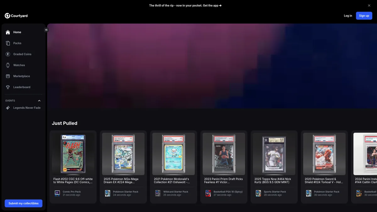 A screenshot of the Courtyard homepage, showing its pack-opening interface and real graded cards.