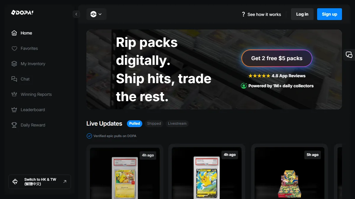 The DOPA homepage, showing its Japanese digital mystery packs and a live feed of PSA-graded cards just pulled.