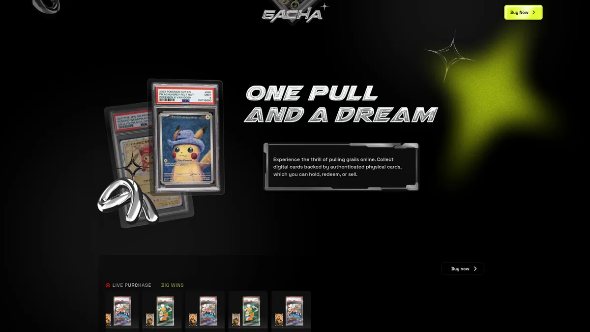 A screenshot of the Gacha Pull homepage, showing its pack-opening interface and real graded cards.