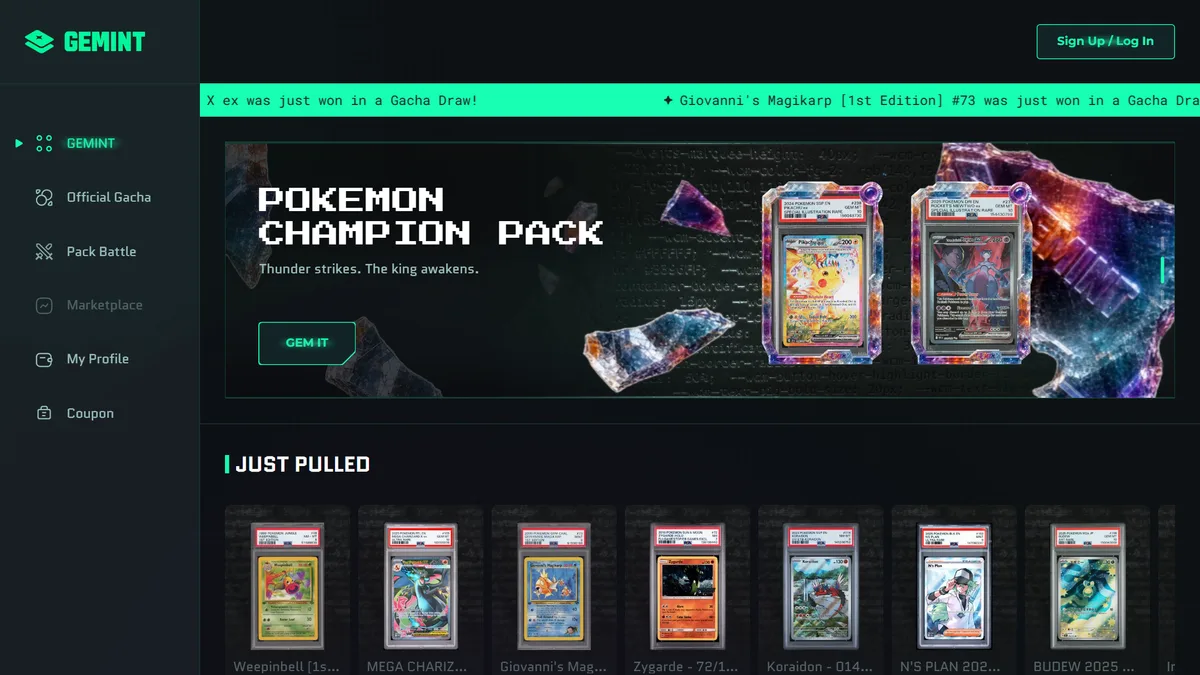 The Gemint homepage, showing its graded Pokemon packs and a live feed of real PSA-graded cards just pulled.