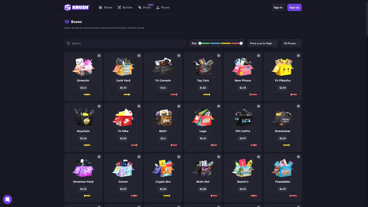 The Krush.gg boxes page with prices and odds meters