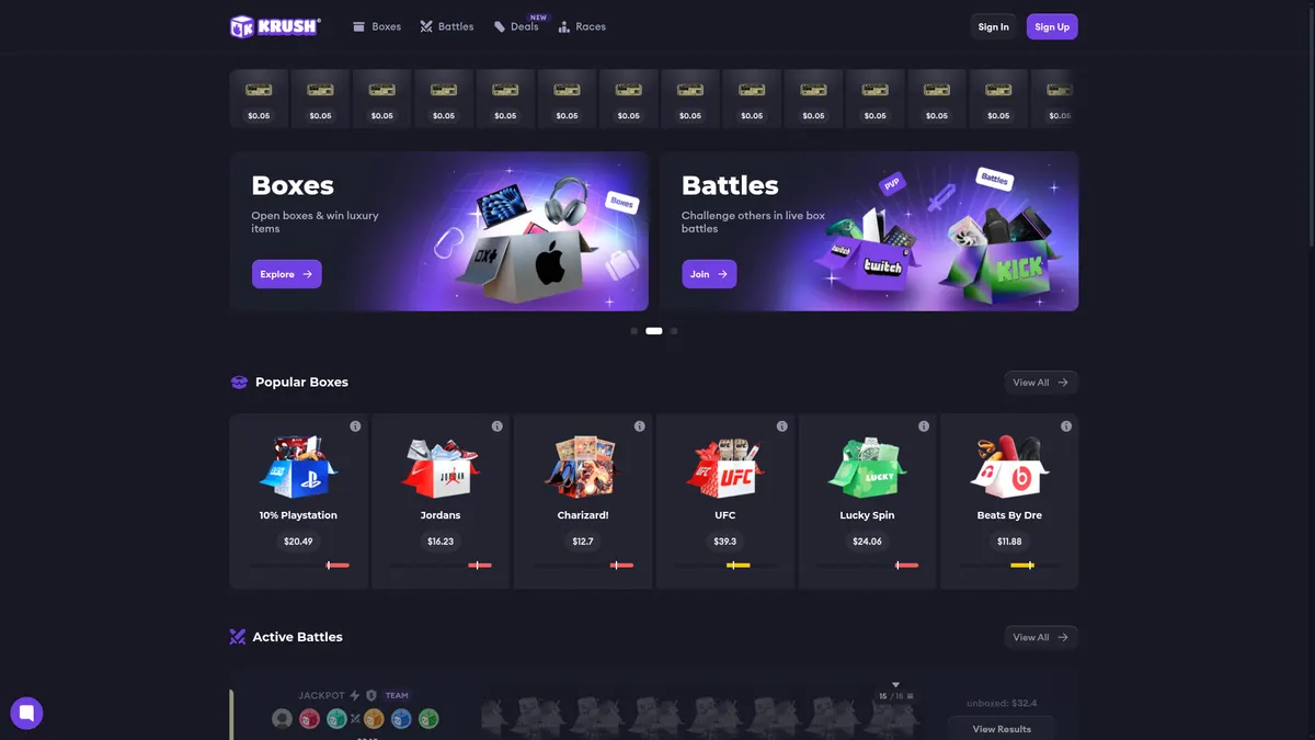 The Krush.gg homepage showing Boxes, Battles and the popular boxes row