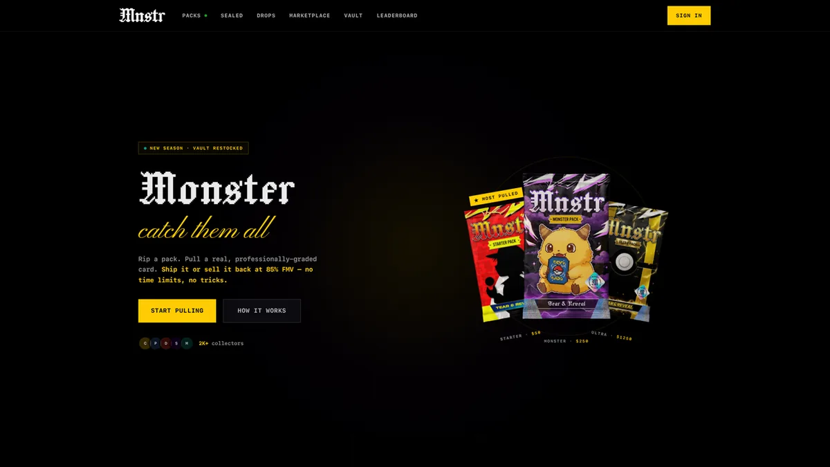 A screenshot of the Monster (MNSTR) homepage, showing its pack-opening interface and real graded cards.