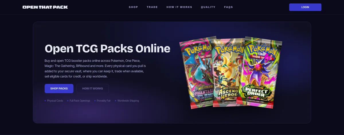 A screenshot of the OpenThatPack homepage, showing sealed Pokémon booster packs.