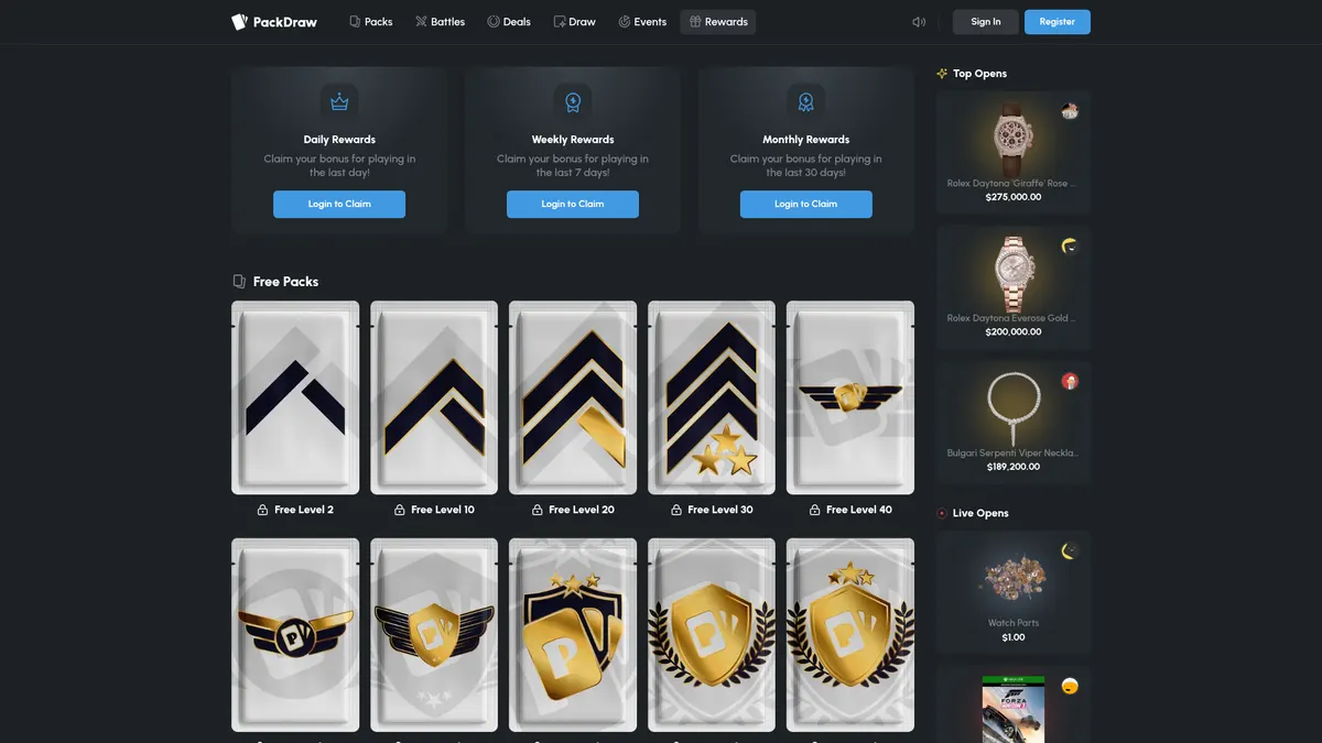 PackDraw: rewards page