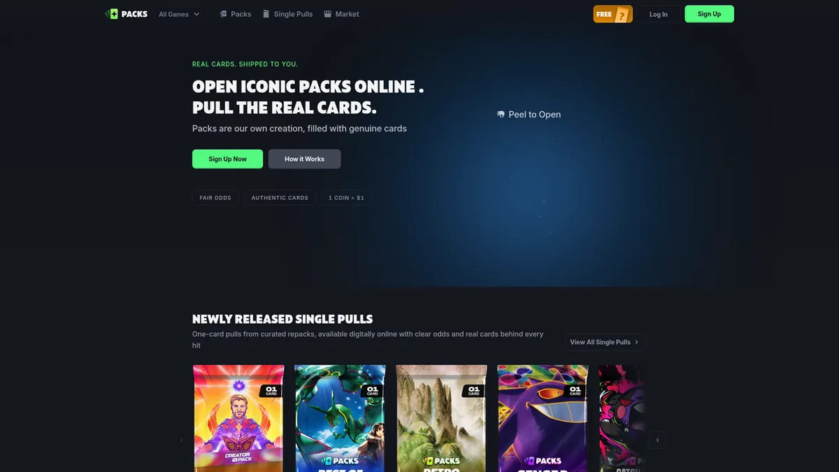 A screenshot of the Packs.com homepage, showing its pack-opening interface and real graded cards.