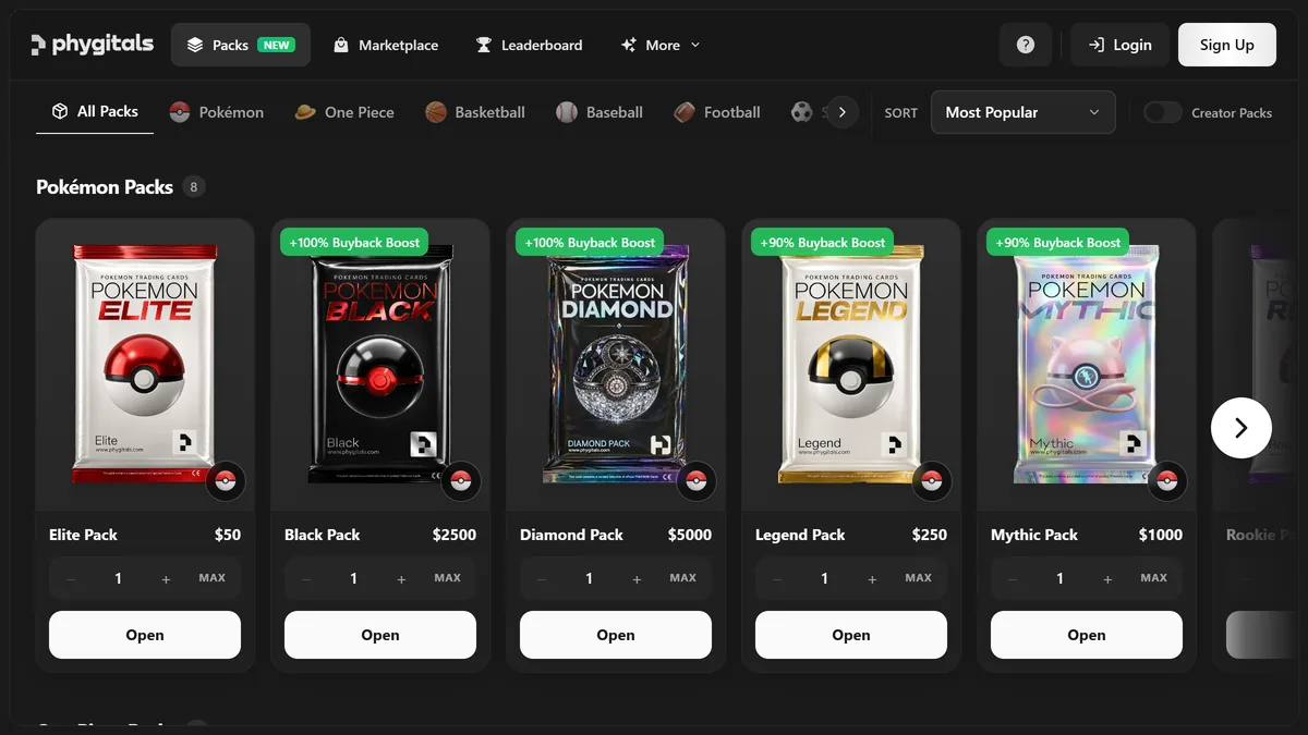 A screenshot of the Phygitals packs page, showing the Pokémon pack line-up with prices from $50 to $5,000 and the buyback boost labels.