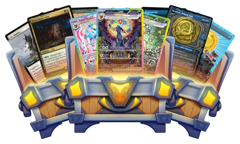 Pullbox box art: three treasure chests with Pokémon and Magic: The Gathering cards fanned above them