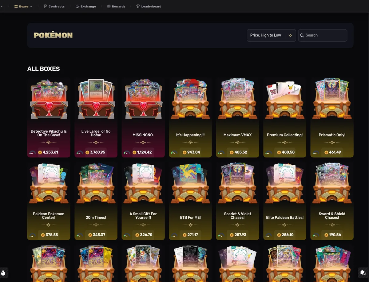 A screenshot of the Pullbox Pokémon shelf, showing box names and prices.