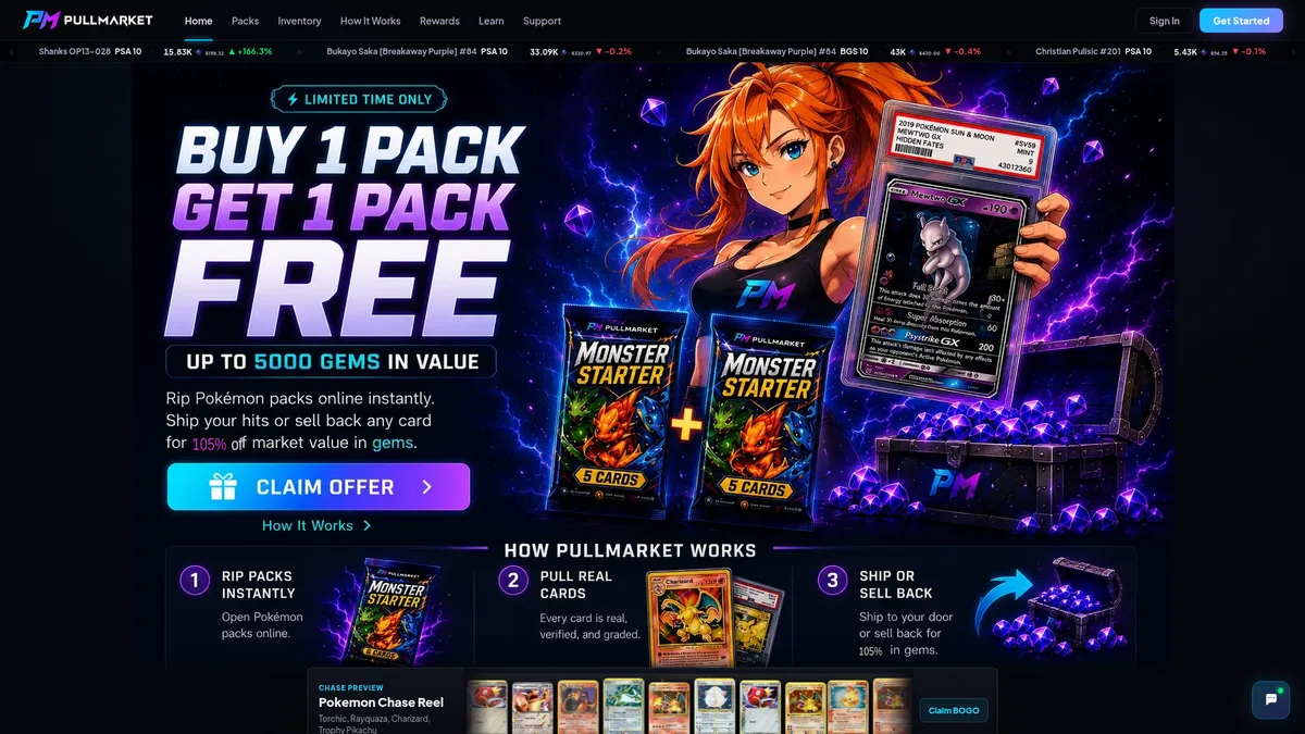 A screenshot of the Pullmarket homepage, showing its pack offer and how the pack opening works.