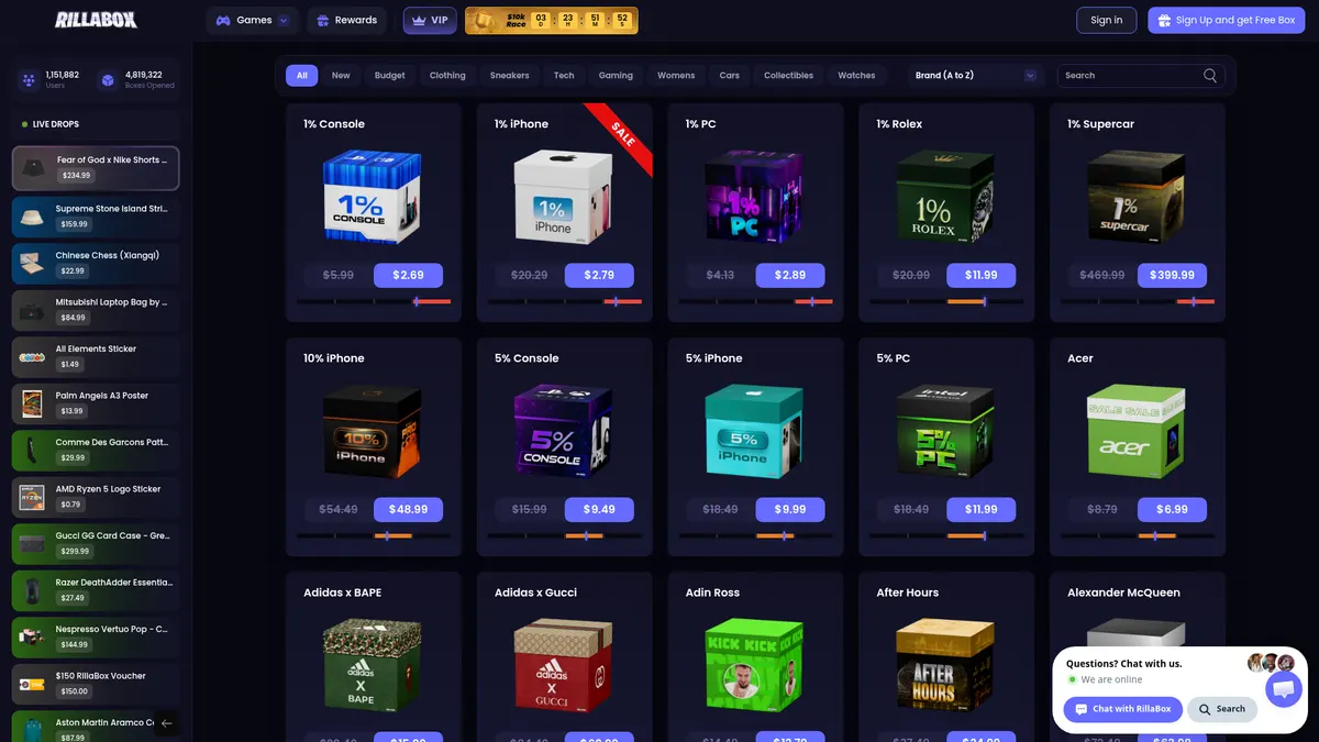 The RillaBox boxes page with categories and prices