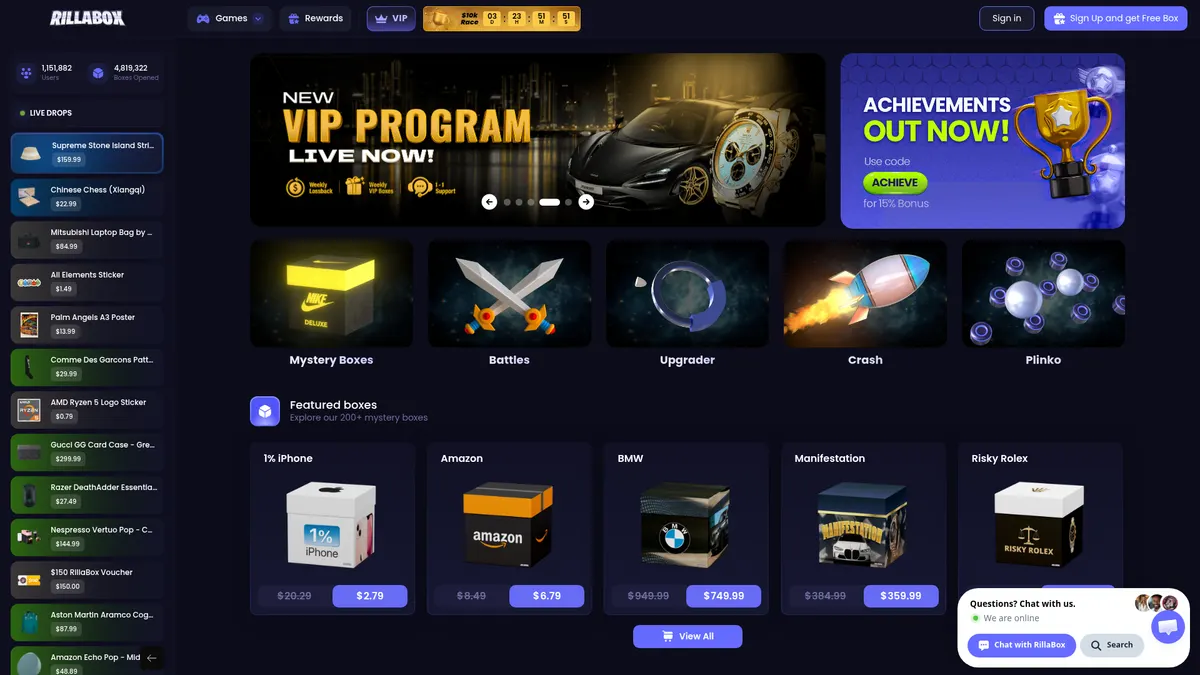 The RillaBox homepage with the live drops strip and featured boxes