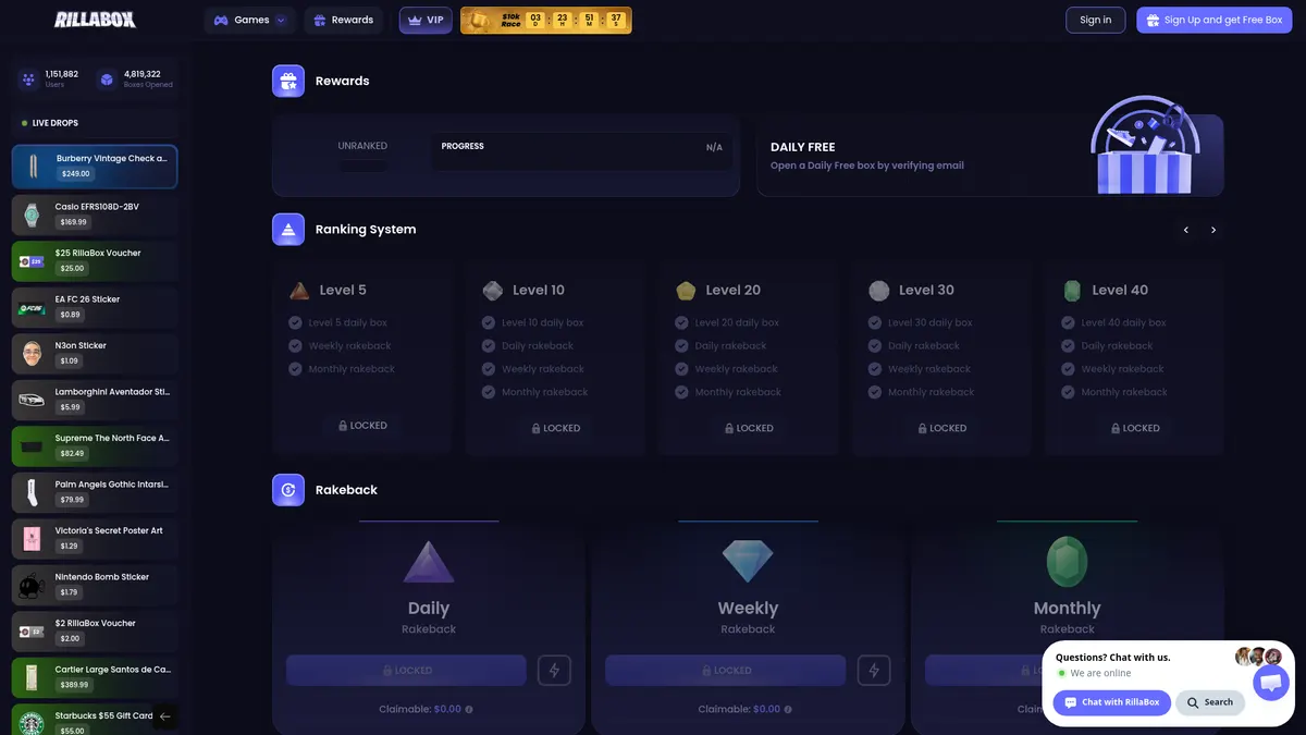 The RillaBox rewards page with the daily free box and rakeback by level