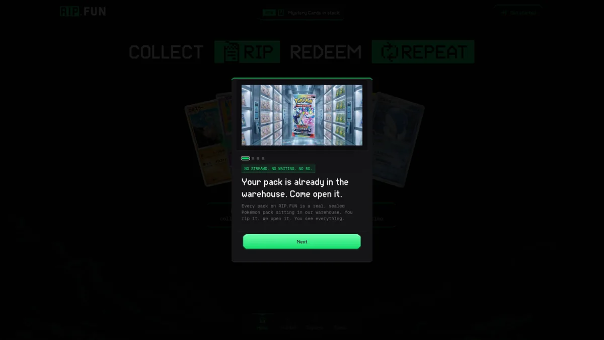 A screenshot of the rip.fun homepage, showing its pack-opening interface and real graded cards.