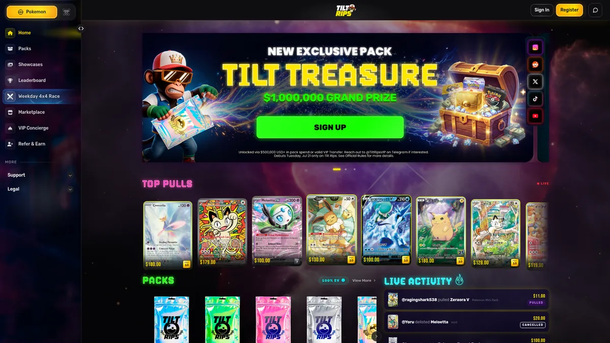 A screenshot of the Tilt Rips homepage, showing its pack-opening interface and real graded cards.