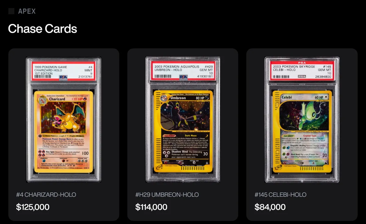 Trove's Pokémon Apex chase cards: a first edition Charizard at $125,000, an Umbreon at $114,000 and a Celebi at $84,000