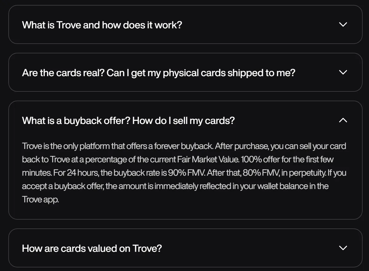 Trove's help answer on buyback offers: 100% for the first few minutes, 90% for 24 hours, then 80%