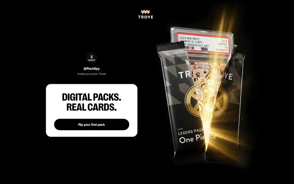 The Trove invite page for @PackSpy, with a Rip your first pack button