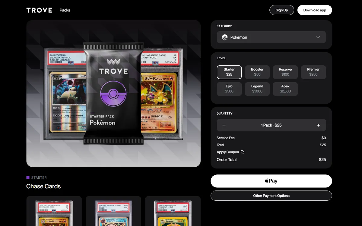 A Trove pack page, where you pick the game, the level and the number of packs, then pay.