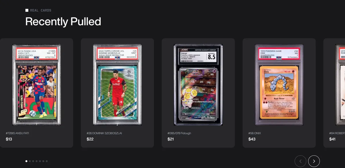 Trove's Recently Pulled row: graded cards with their prices