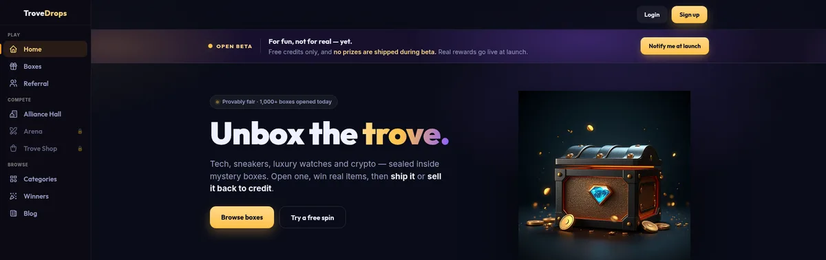 TroveDrops: the homepage