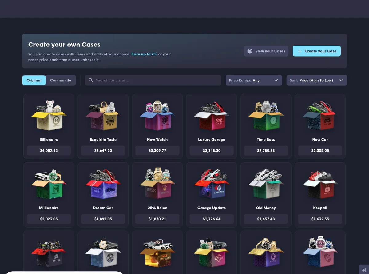 Upgrader.com: the cases page with a price on every box
