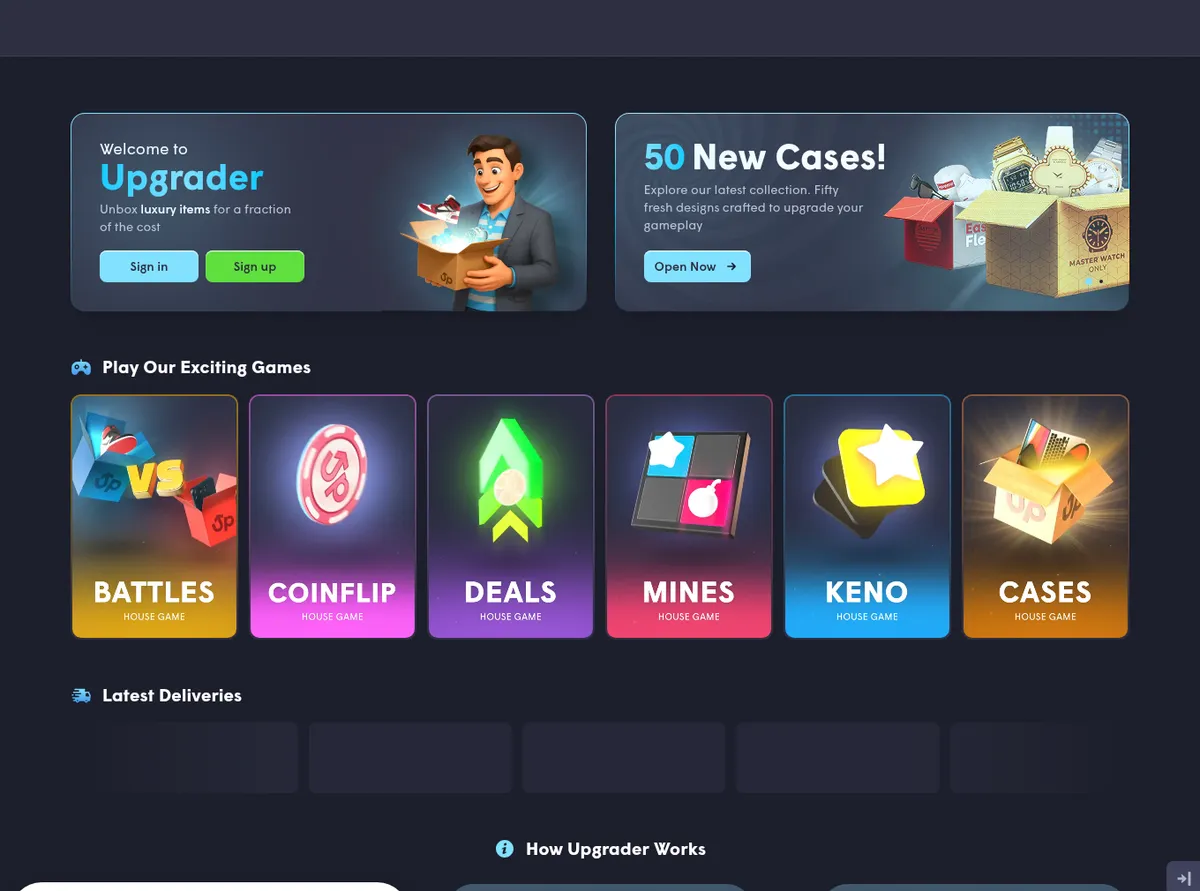 Upgrader.com: the homepage with its six game tabs
